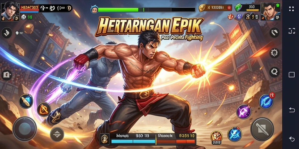 Tangkapan layar gameplay HEBAT303 dengan pertarungan seru di arena.