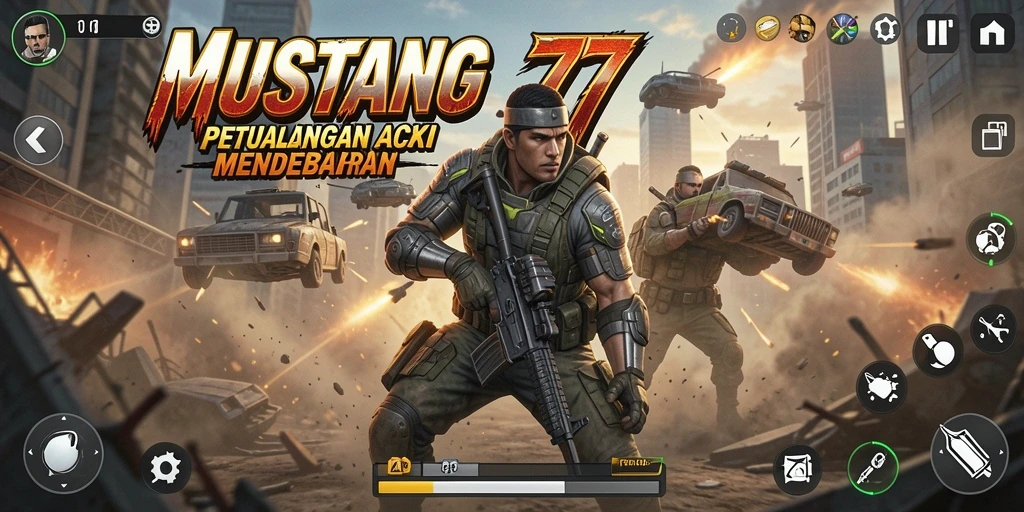 Tampilan gameplay aksi yang mendebarkan dalam MUSTANG77.