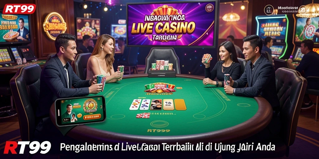 Screenshot RT99 menampilkan dealer profesional di Live Casino yang menarik.